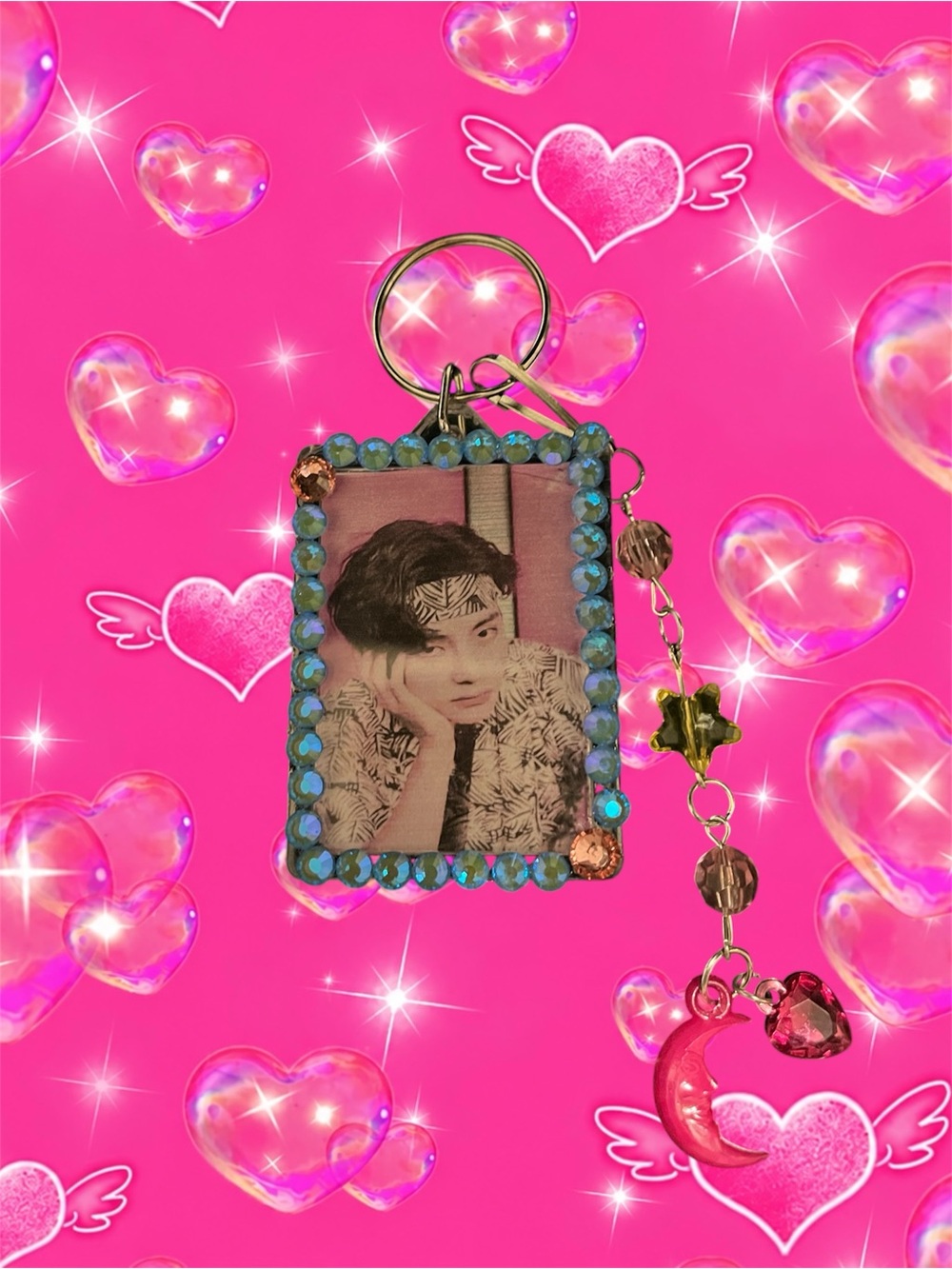Crystal Beaded Photo v bts Keychain - Blue & Pink Accent